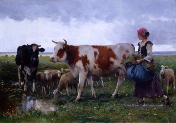  rurale Tableaux - Paysanne avec vaches et moutons Vie rurale réalisme Julien Dupre